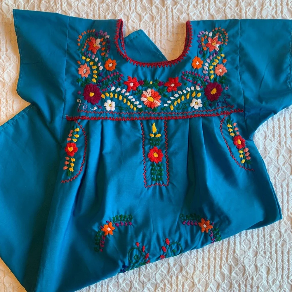 Embroidered Blue Kids Casual Dress - Picture 1 of 16